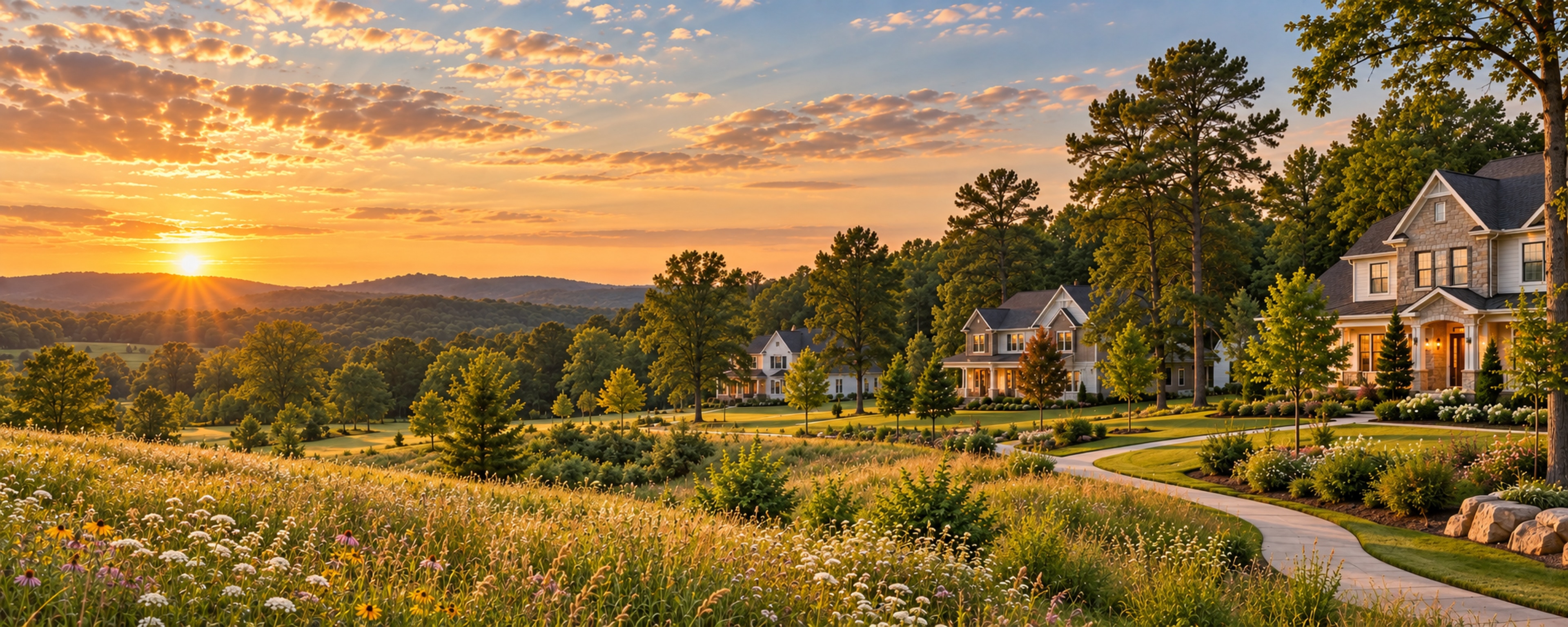 Conceptual view of a tree-lined Virginia new-home community at sunset