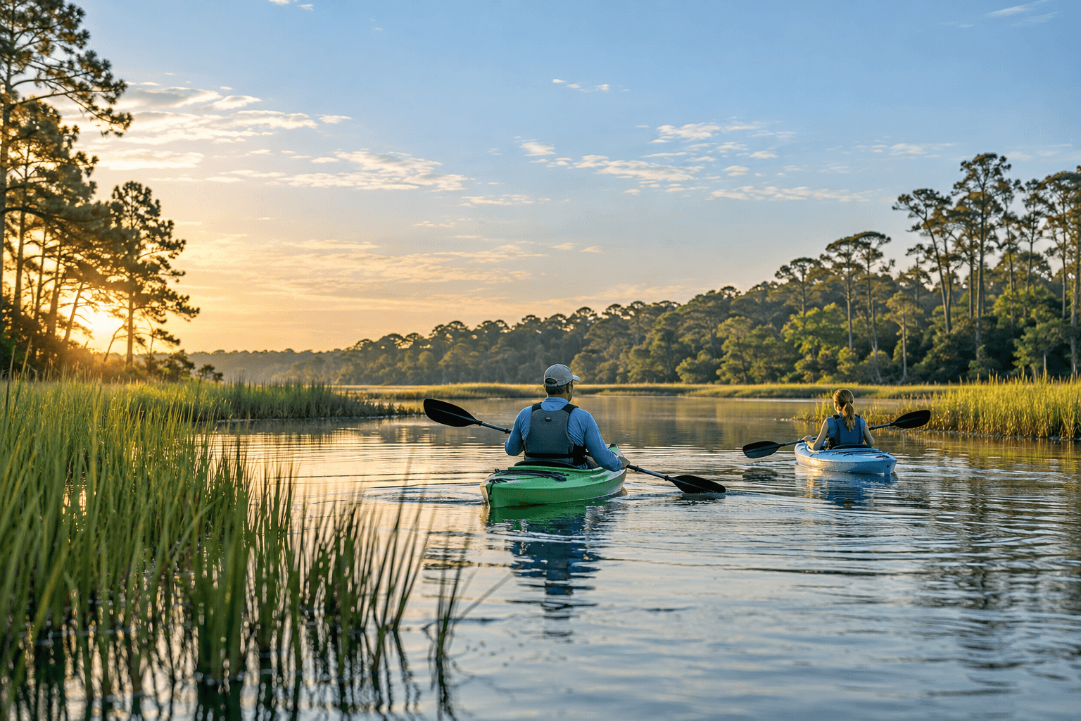 A parent and child kayaking on calm coastal Virginia water
