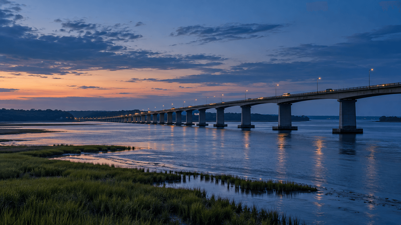 Conceptual view of a bridge crossing coastal Virginia tidal water at dusk