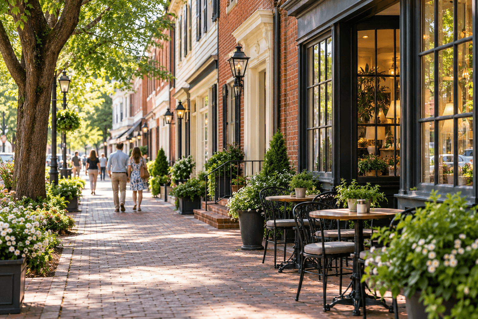 Conceptual small-town Virginia streetscape with brick walks, shops, and café tables